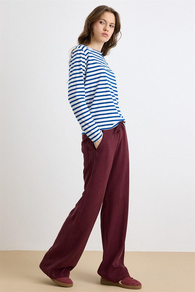 Beli Lastikli Rahat Kesim Soft Denim Pantolon BORDO 7587