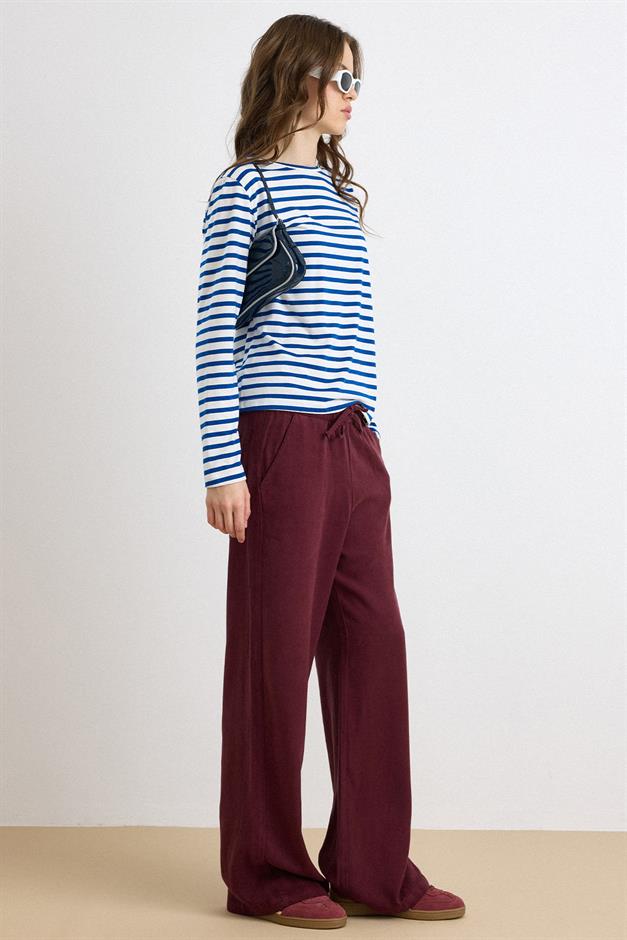 Beli Lastikli Rahat Kesim Soft Denim Pantolon BORDO 7587