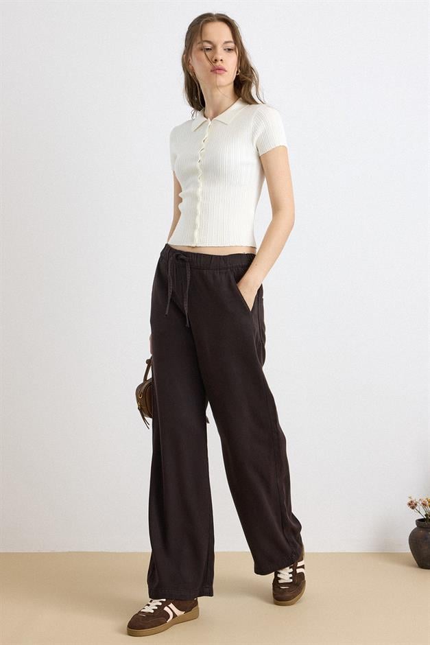 Beli Lastikli Rahat Kesim Soft Denim Pantolon KAHVE 7587