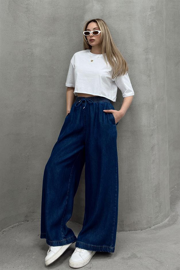 Beli Lastikli Salaş Yumuşak Kot Pantolon KOYU MAVİ 7576