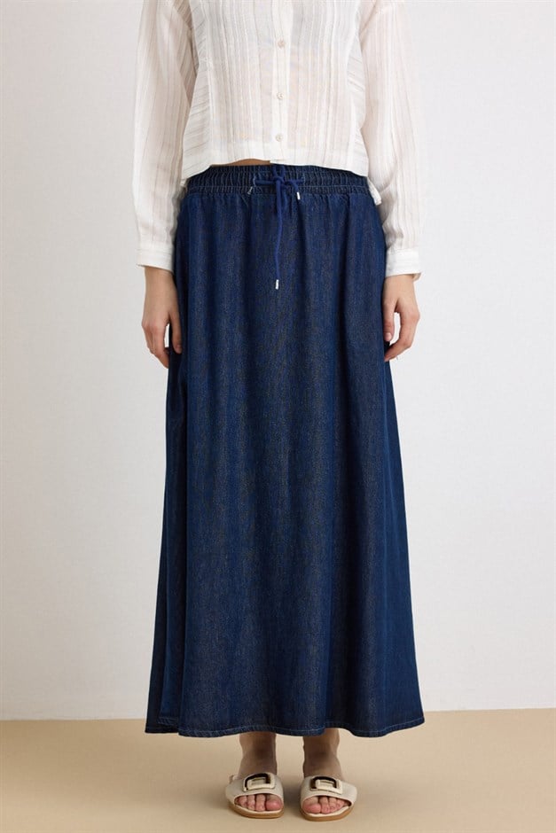 Beli Lastikli Soft Denim Etek LACİVERT 7068