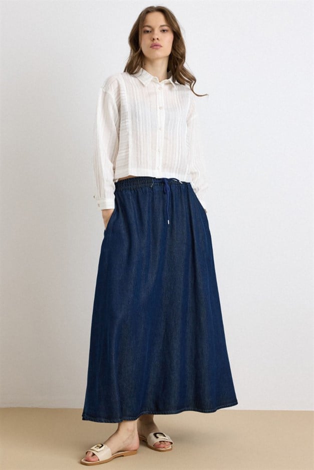 Beli Lastikli Soft Denim Etek LACİVERT 7068