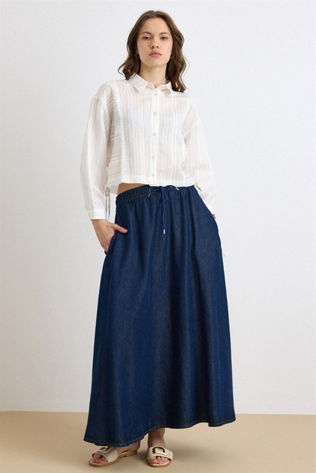 Beli Lastikli Soft Denim Etek LACİVERT 7068