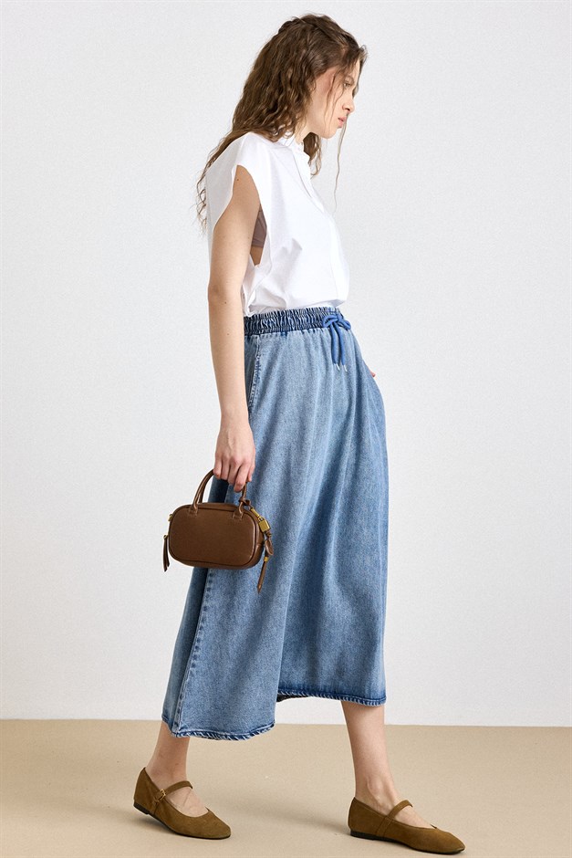 Beli Lastikli Soft Denim Etek MAVİ 7068