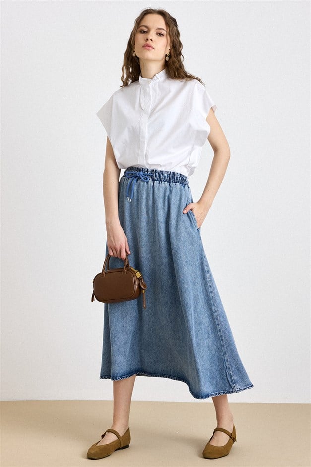 Beli Lastikli Soft Denim Etek MAVİ 7068