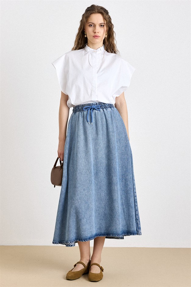 Beli Lastikli Soft Denim Etek MAVİ 7068