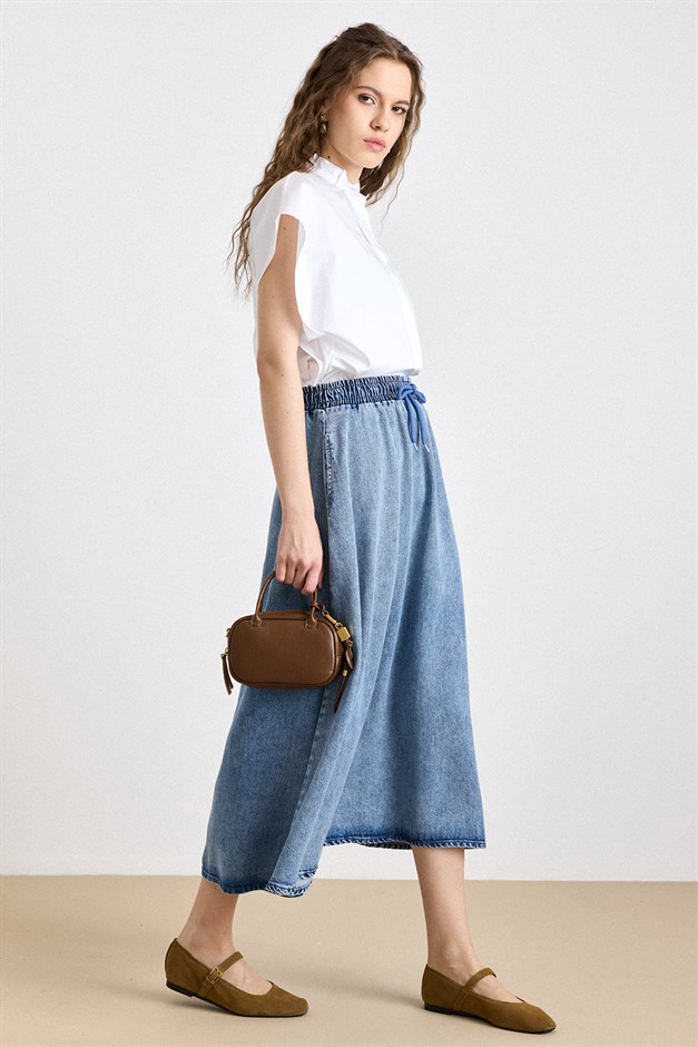 Beli Lastikli Soft Denim Etek MAVİ 7068