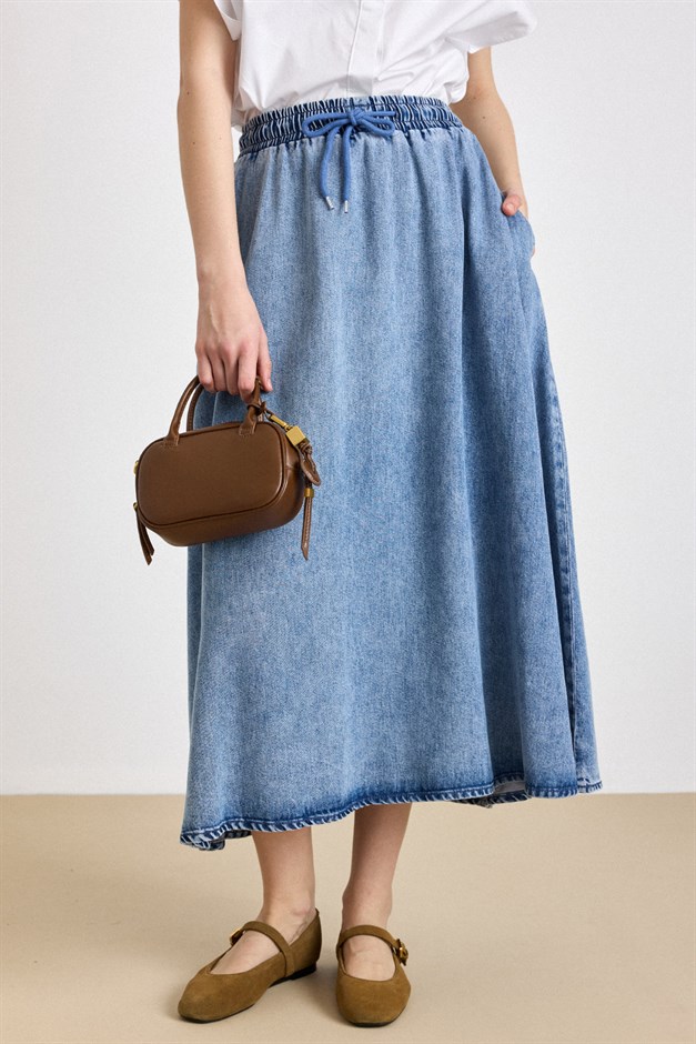 Beli Lastikli Soft Denim Etek MAVİ 7068