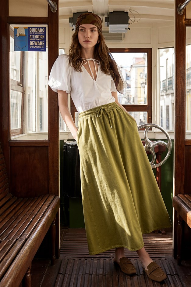 Beli Lastikli Soft Denim Etek YAĞ YEŞİLİ 7068