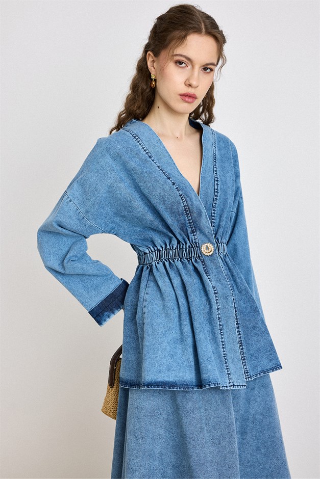 Beli Lastikli Taşlı Çıt Çıtlı Ceket Etek Denim Takım MAVİ 9445-TK