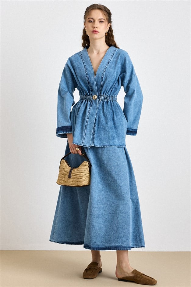 Beli Lastikli Taşlı Çıt Çıtlı Ceket Etek Denim Takım MAVİ 9445-TK