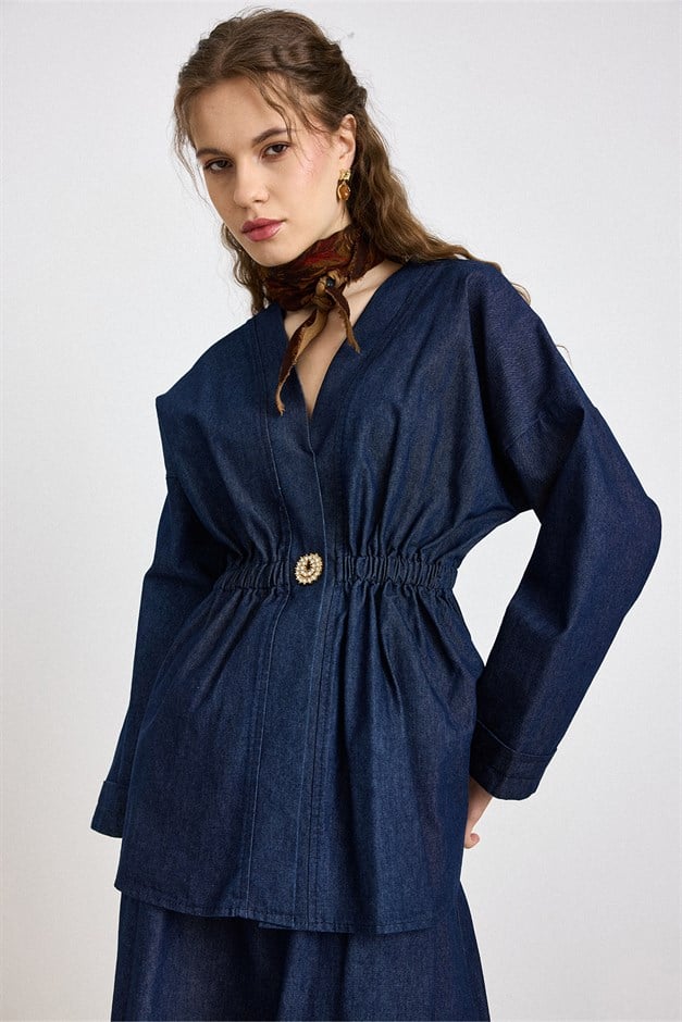Beli Lastikli Taşlı Çıt Çıtlı Ceket Etek Denim Takım LACİVERT 9445-TK