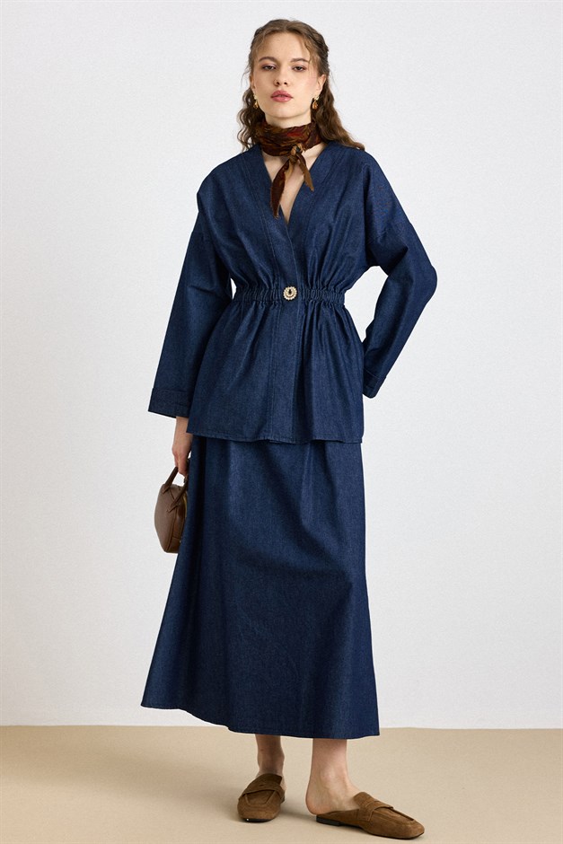 Beli Lastikli Taşlı Çıt Çıtlı Ceket Etek Denim Takım LACİVERT 9445-TK