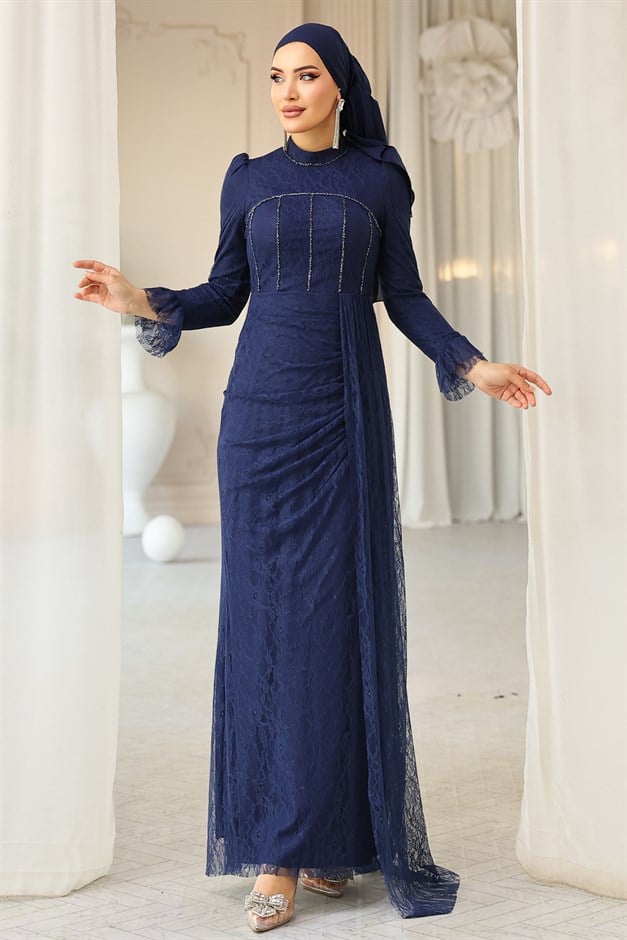 Beli Pelerin Detaylı Taş Süslemeli Dantel Tesettür Abiye Elbise LACİVERT 1252