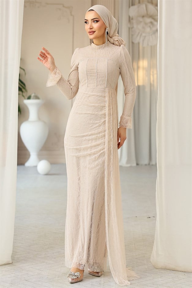 Beli Pelerin Detaylı Taş Süslemeli Dantel Tesettür Abiye Elbise KREM 1252
