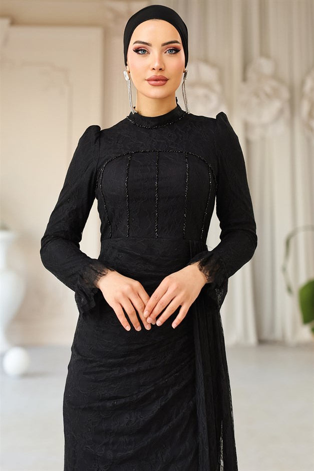 Beli Pelerin Detaylı Taş Süslemeli Dantel Tesettür Abiye Elbise SİYAH 1252