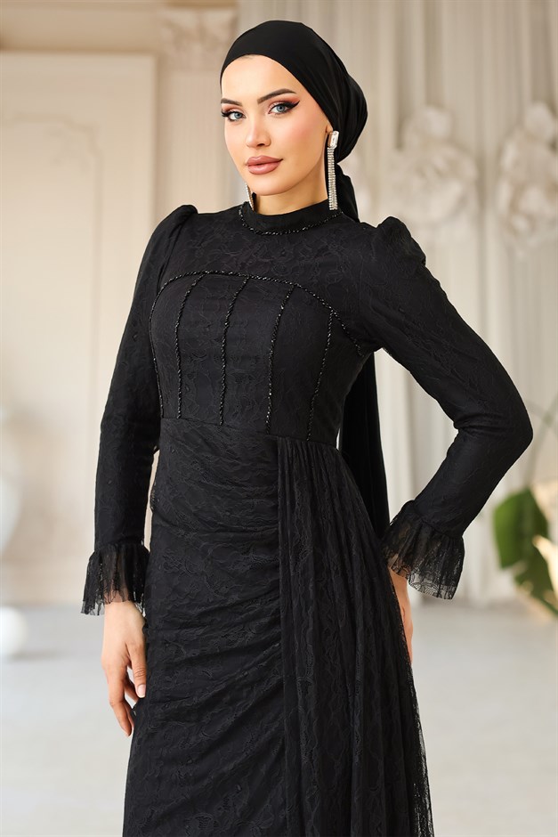 Beli Pelerin Detaylı Taş Süslemeli Dantel Tesettür Abiye Elbise SİYAH 1252