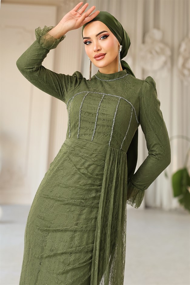 Beli Pelerin Detaylı Taş Süslemeli Dantel Tesettür Abiye Elbise YEŞİL 1252