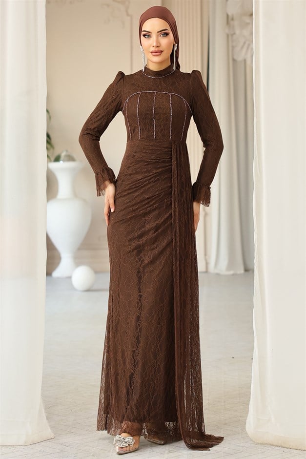 Beli Pelerin Detaylı Taş Süslemeli Dantel Tesettür Abiye Elbise KAHVE 1252