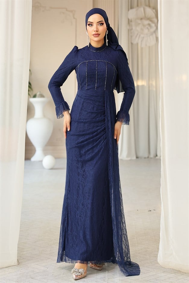 Beli Pelerin Detaylı Taş Süslemeli Dantel Tesettür Abiye Elbise LACİVERT 1252