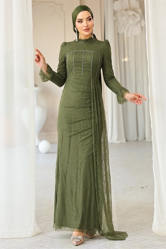 Beli Pelerin Detaylı Taş Süslemeli Dantel Tesettür Abiye Elbise YEŞİL 1252