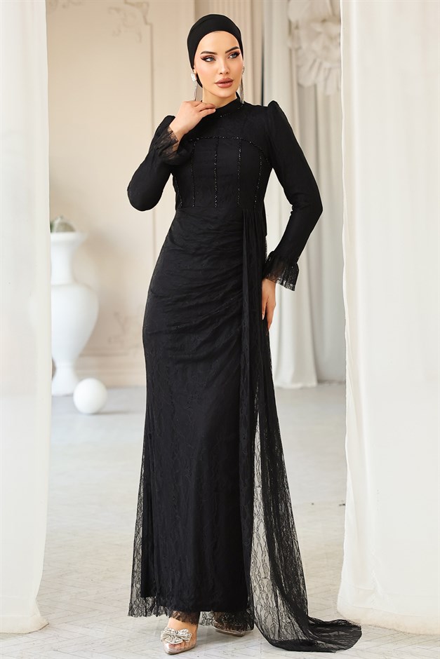 Beli Pelerin Detaylı Taş Süslemeli Dantel Tesettür Abiye Elbise SİYAH 1252
