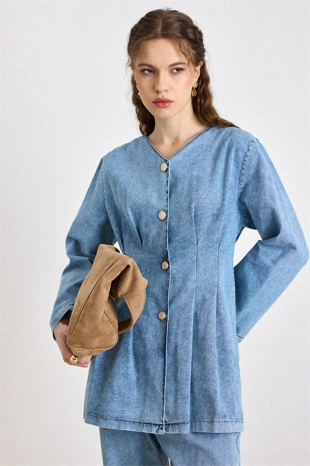Beli Pens Detaylı Ceket Pantolon Denim Takım MAVİ 9446-TK