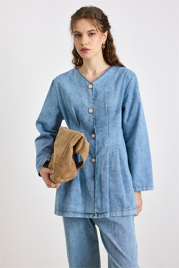 Beli Pens Detaylı Ceket Pantolon Denim Takım MAVİ 9446-TK
