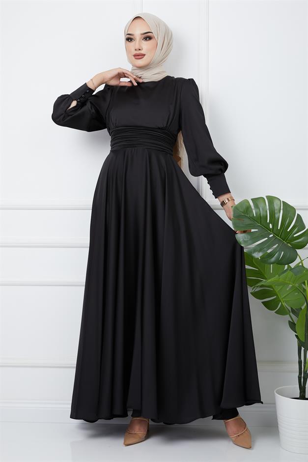 Pleated Waist Detailed Belted Evening Dress BLACK 1595