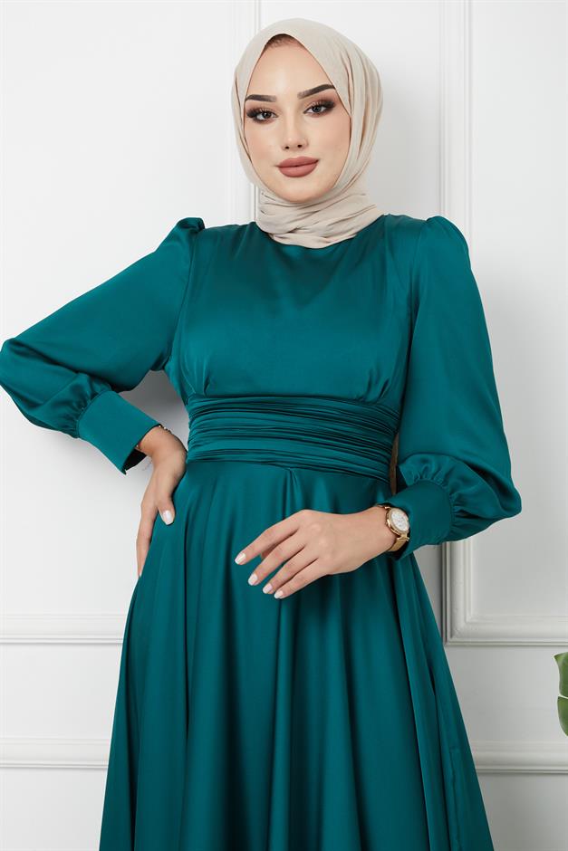 Beli Pilise Detaylı Kuşaklı Abiye Elbise YEŞİL 1595