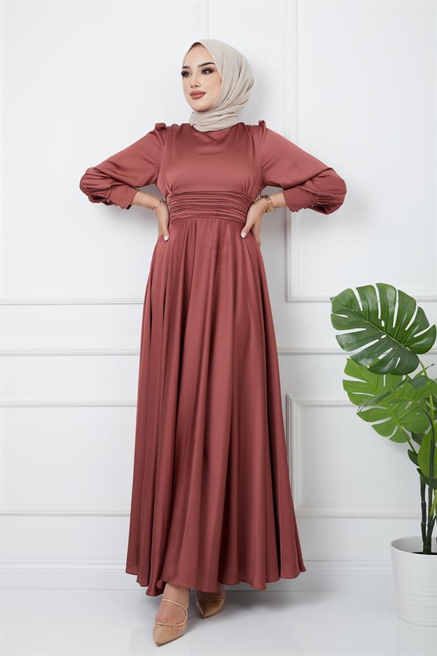 Pleated Waist Detailed Belted Evening Dress ROSE 1595