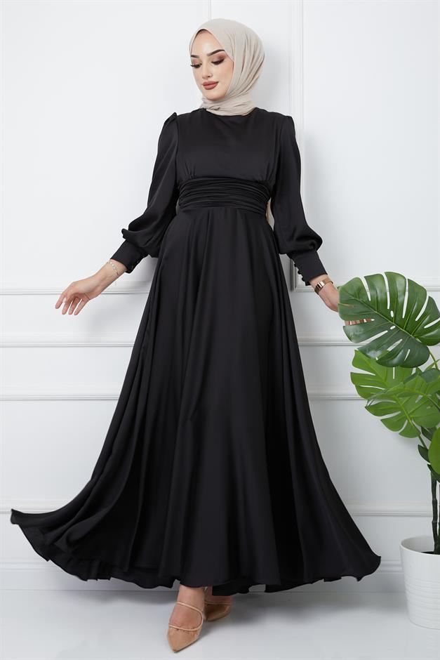 Pleated Waist Detailed Belted Evening Dress BLACK 1595