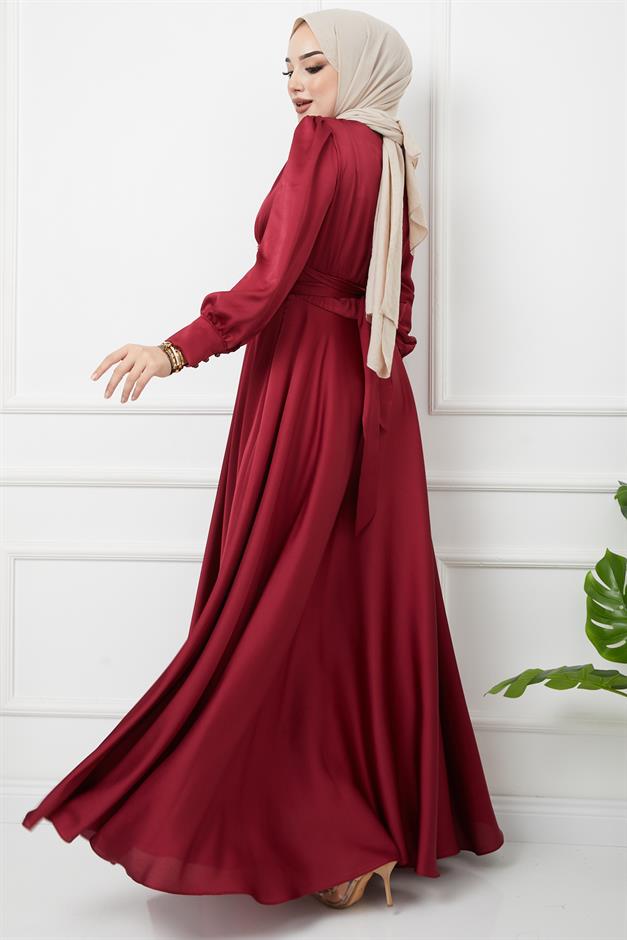 Beli Pilise Detaylı Kuşaklı Abiye Elbise BORDO 1595