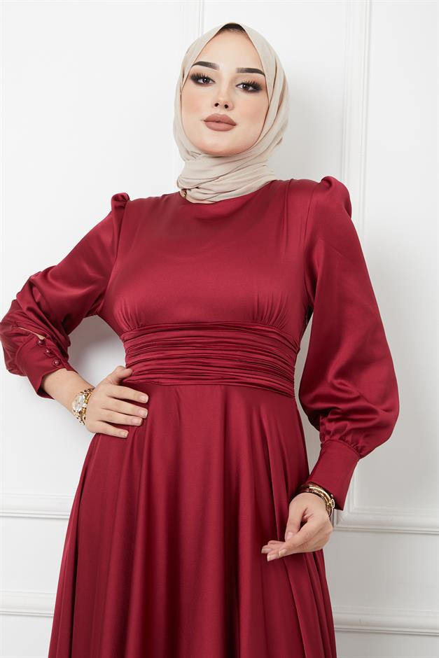 Beli Pilise Detaylı Kuşaklı Abiye Elbise BORDO 1595