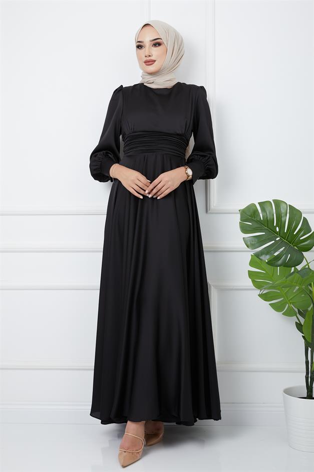 Pleated Waist Detailed Belted Evening Dress BLACK 1595