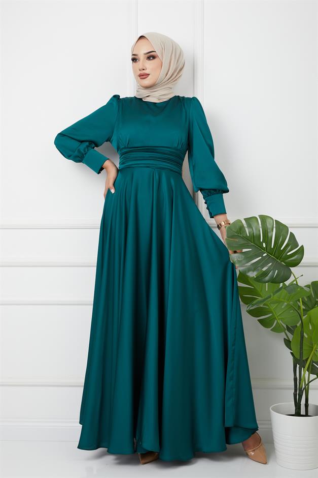 Beli Pilise Detaylı Kuşaklı Abiye Elbise YEŞİL 1595