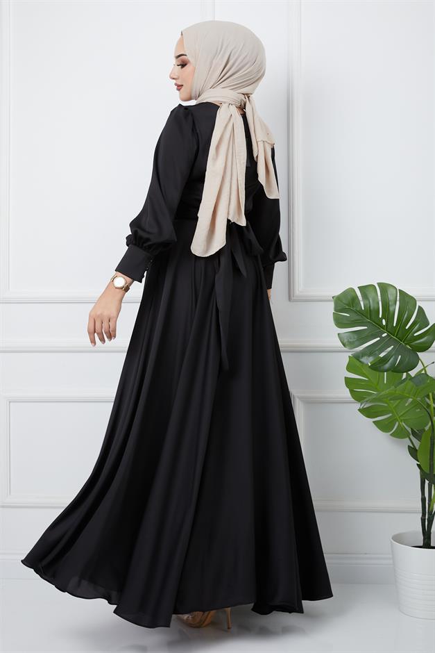 Pleated Waist Detailed Belted Evening Dress BLACK 1595