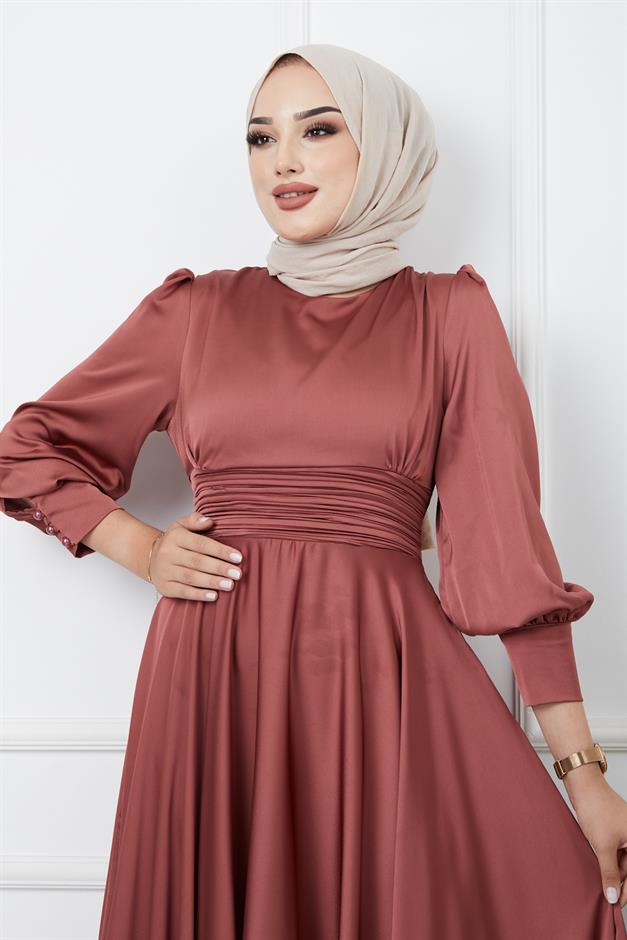 Pleated Waist Detailed Belted Evening Dress ROSE 1595