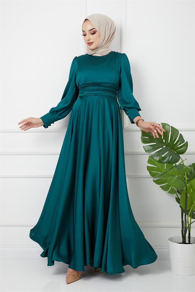 Beli Pilise Detaylı Kuşaklı Abiye Elbise YEŞİL 1595