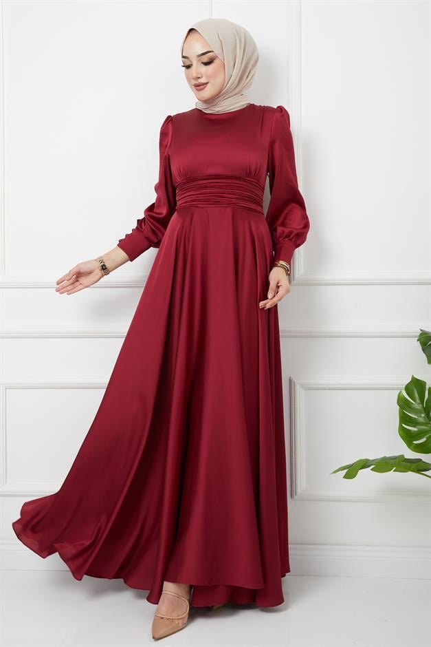 Beli Pilise Detaylı Kuşaklı Abiye Elbise BORDO 1595