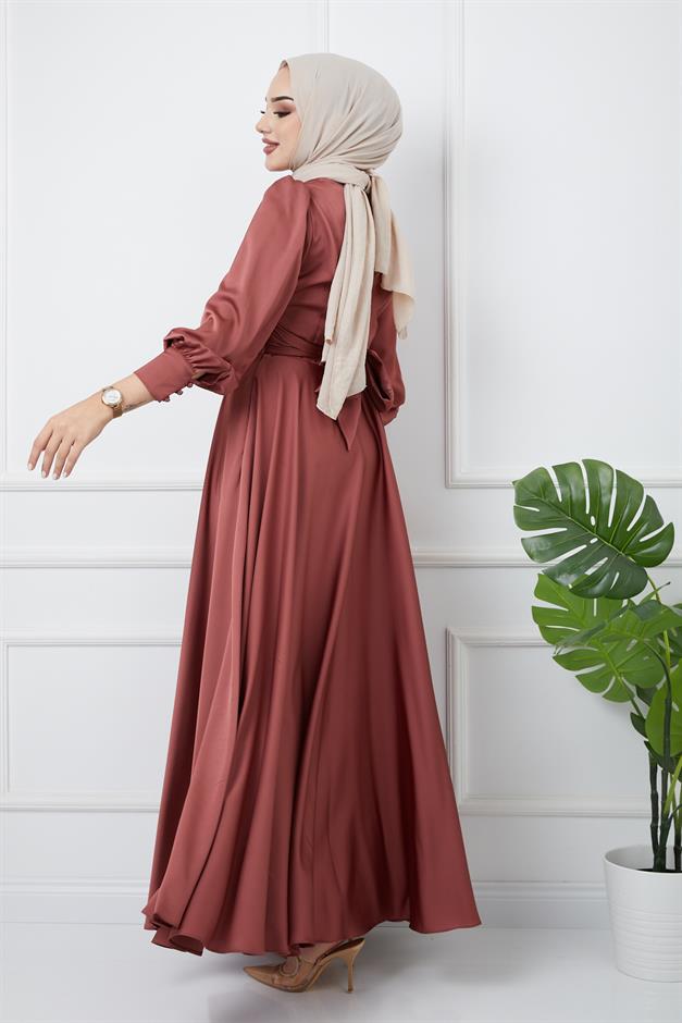 Pleated Waist Detailed Belted Evening Dress ROSE 1595