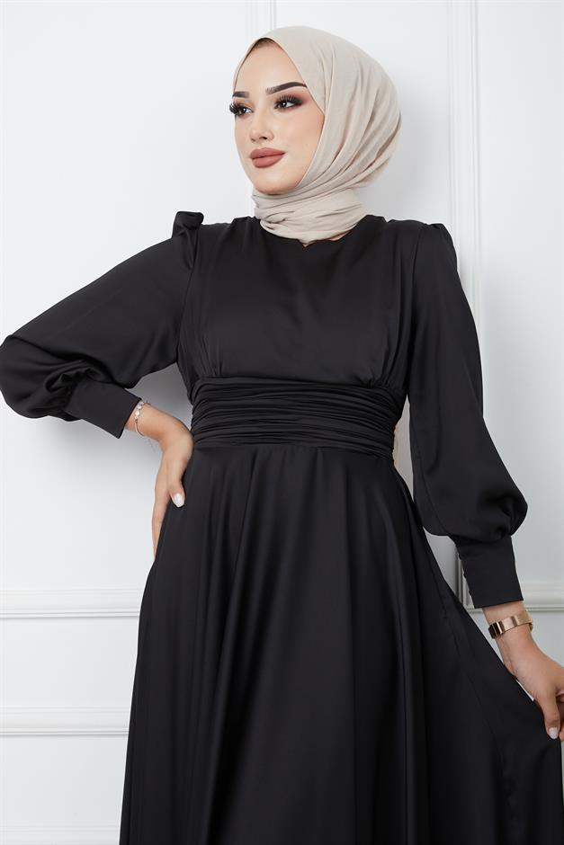 Pleated Waist Detailed Belted Evening Dress BLACK 1595