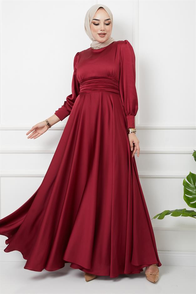 Beli Pilise Detaylı Kuşaklı Abiye Elbise BORDO 1595