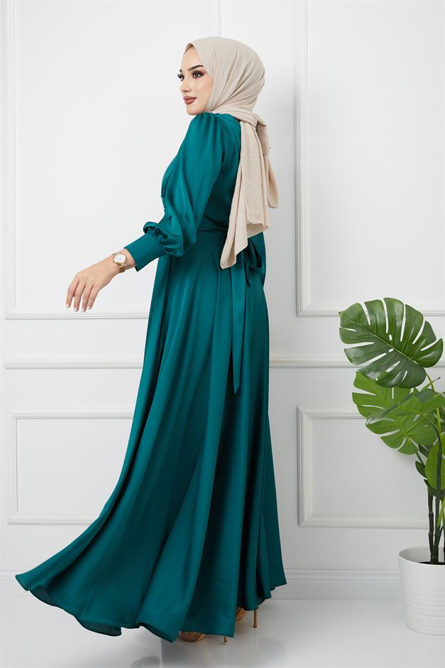 Beli Pilise Detaylı Kuşaklı Abiye Elbise YEŞİL 1595