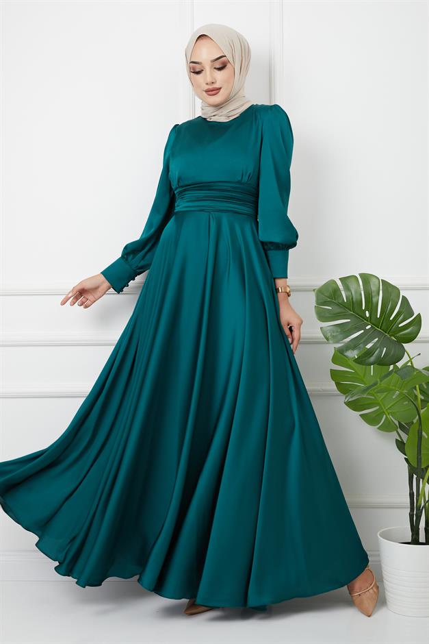 Beli Pilise Detaylı Kuşaklı Abiye Elbise YEŞİL 1595