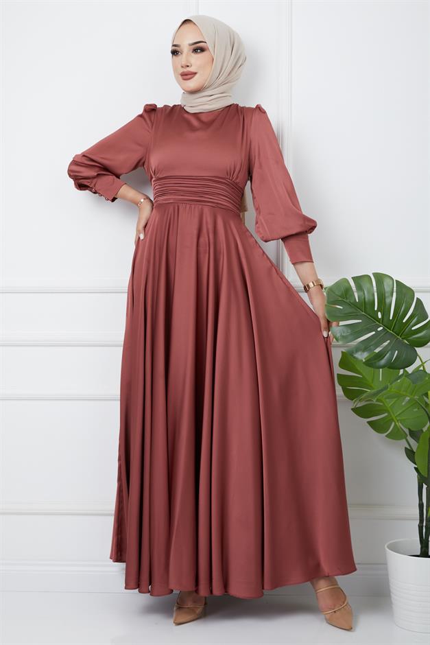 Pleated Waist Detailed Belted Evening Dress ROSE 1595