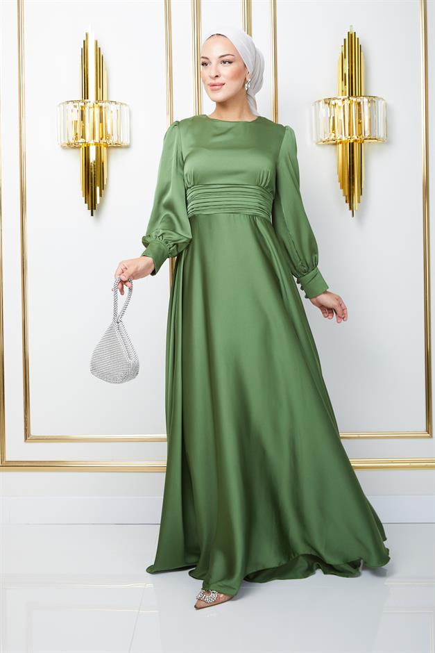 فستان سهرة بحزام مع تفاصيل خصر مطوية أخضر فاتح 1595