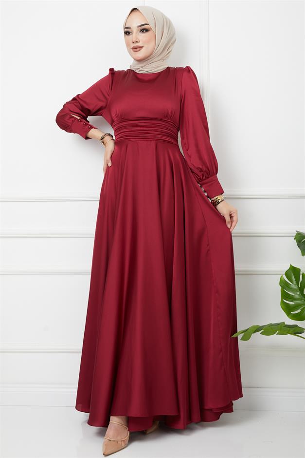Beli Pilise Detaylı Kuşaklı Abiye Elbise BORDO 1595