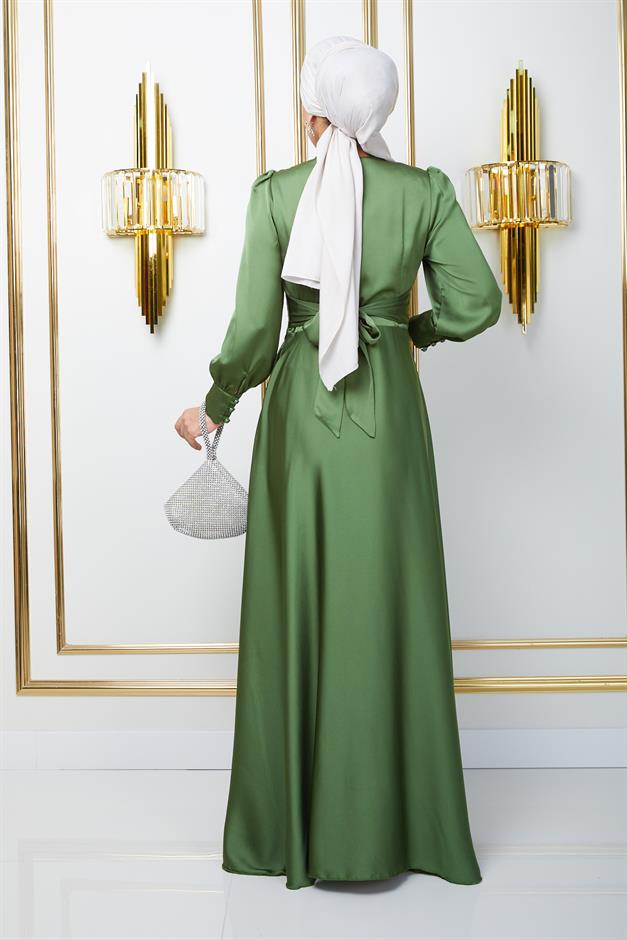 فستان سهرة بحزام مع تفاصيل خصر مطوية أخضر فاتح 1595