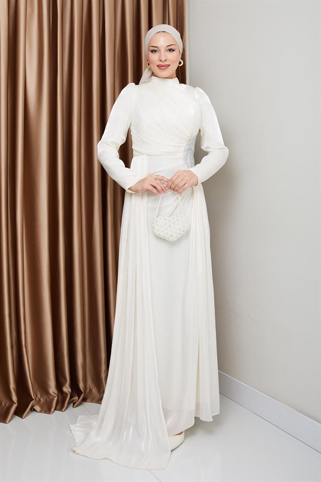 فستان سهرة حرير من يوريو للحجاب مع حجر خصر وتفاصيل تجميع وحدة التحكم الإلكترونية 1233